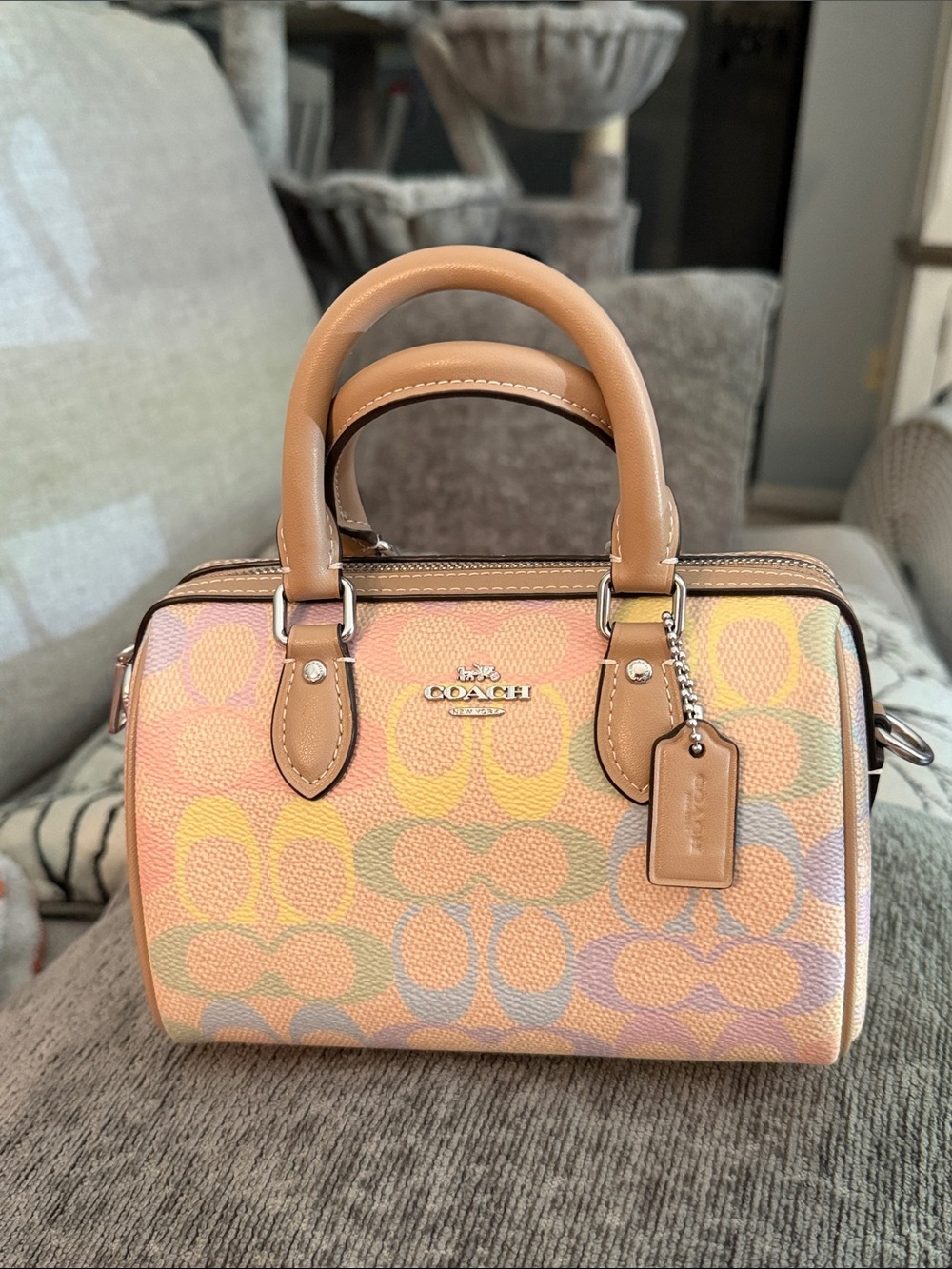 Coach Rainbow Signature Mini Rowan with Tan Trim and crossbody strap
